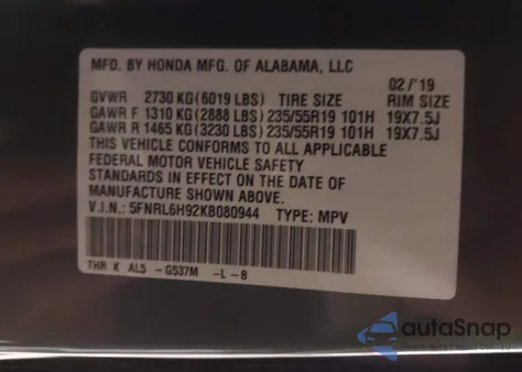 2019 Honda Odyssey Elite from USA, damaged, VIN 5FNRL6H92KB080944